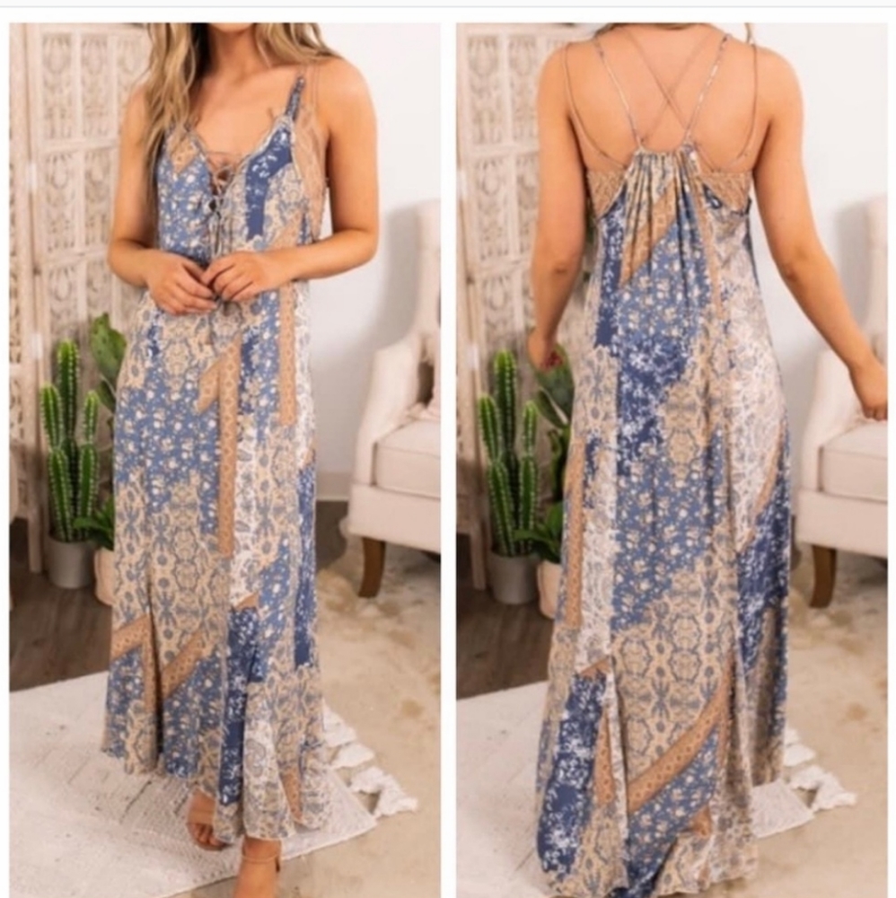 FREE PEOPLE " WORK OF ART" NWOT BLUE PRINTED SIZE L MAXI DRESS SLIP